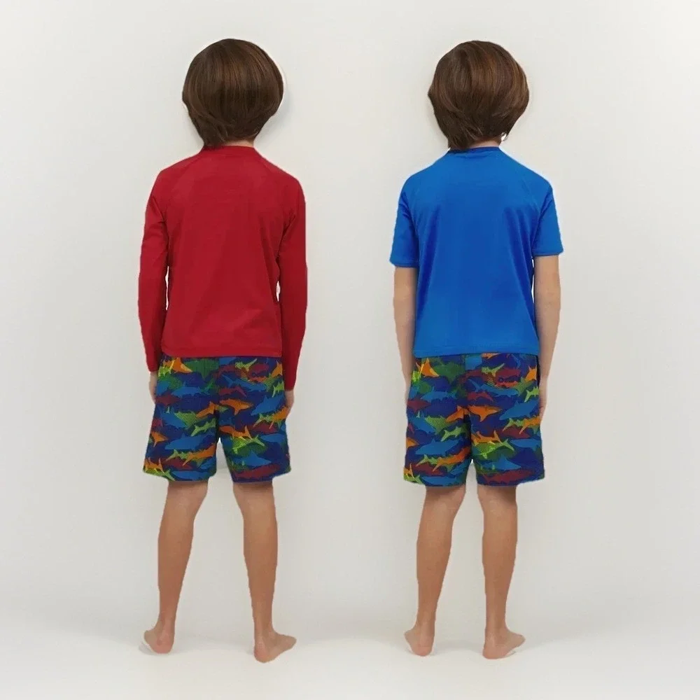 Lands' End 3 Piece Swim Set‎ Rash-Guard Trunks Boy's Size 3T Red Shark Print